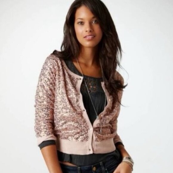 American Eagle SZ L Mocha Sequin Cotton Cardigan Dressy Formal Party Sparkle - Picture 1 of 11
